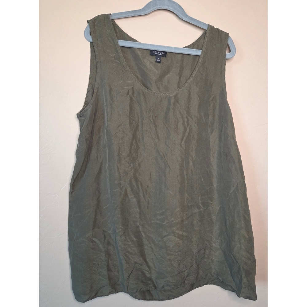 Talbots Womens 100% Silk Tank Top Olive Green Scoop Neck Sleeveless Shell Size 8